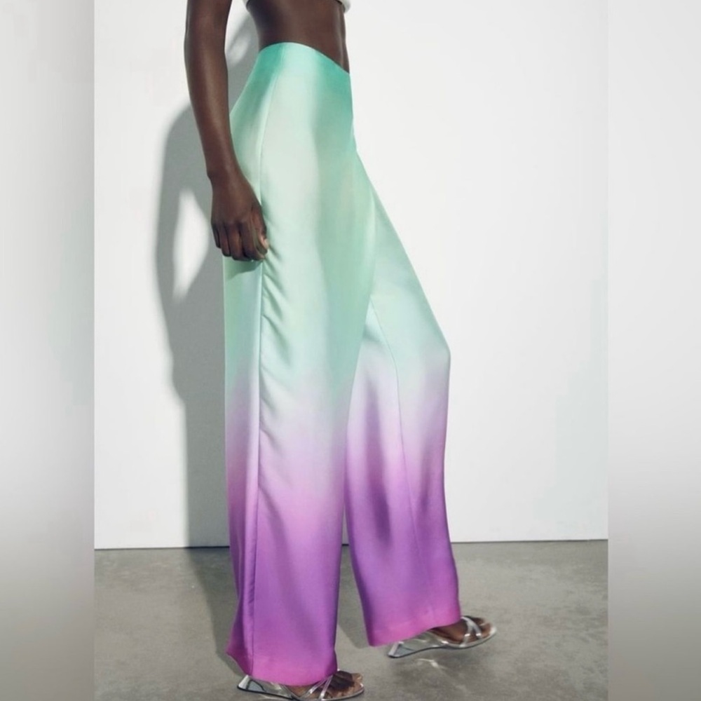 New Zara Tie Dye Print Purple Green Ombre Pareo High Waist Pants Small 3105/384